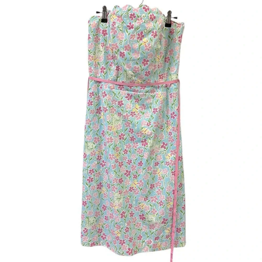 Lilly Pulitzer Strapless Wave Blue Floral Butterfly Tiger Scalloped Trim Dress 6 - Picture 10 of 13